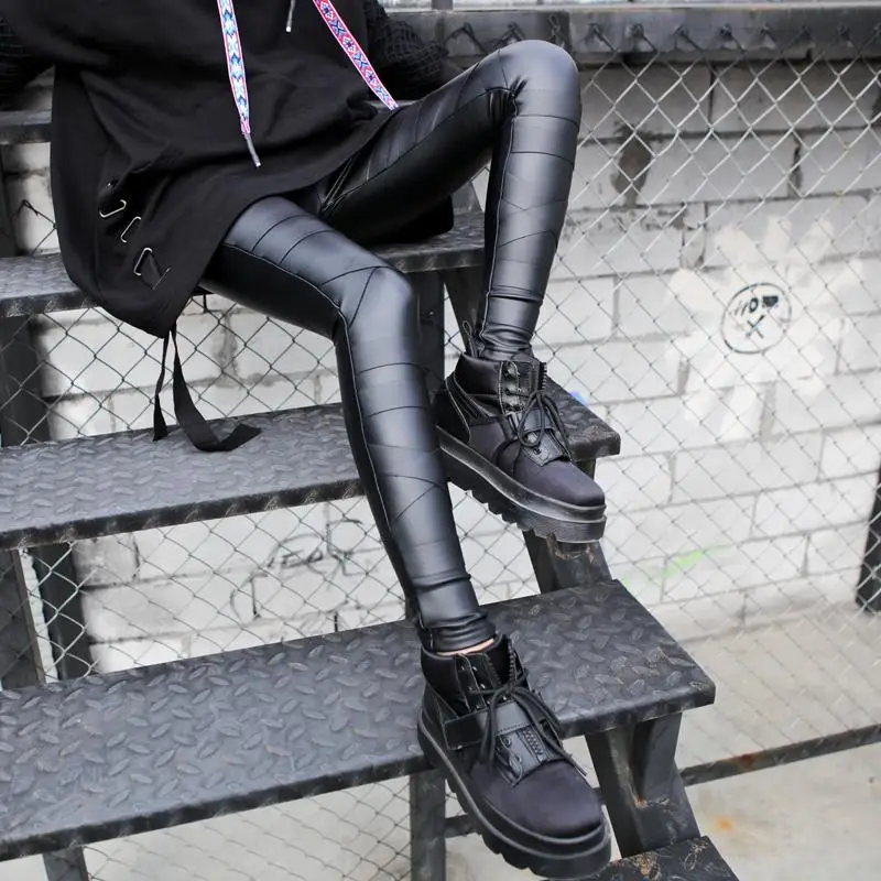 Invisible Open Crotch Outdoor Sex Plus Fleece Faux Leather Leggings Women High Waisted Pleather Pants Stretch Tights PU Trousers