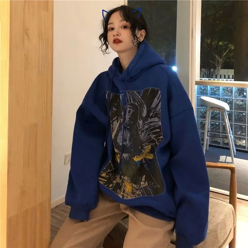 

QWEEK Women's Sweatshirt Vintage Harajuku Pullover Black Hoodie BF Style Oversized Hoodie Korean Fashion Streetwear Outerwear