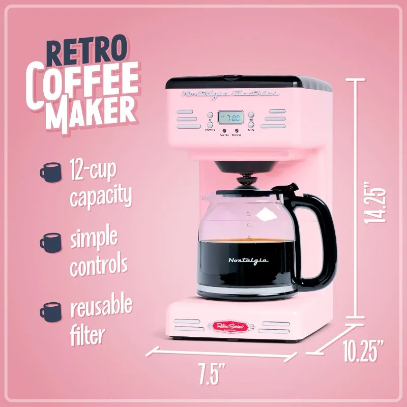 Retro 12-Cup Programmable Coffee Maker With LED Display, Automatic Shut-Off & Keep Warm, Pause-And-Serve Function, Pink 2