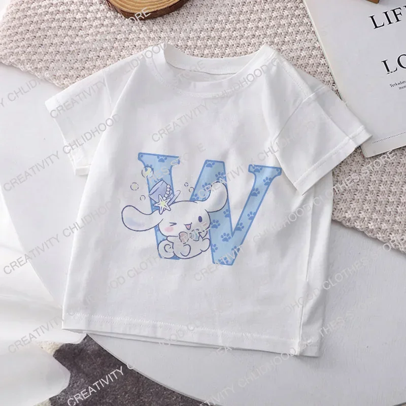 Cinnamoroll Children T-shirt Letter A B C D Name Combination Sanrio Kawaii Girls Tee Shirts Cartoons Casual Clothes Kid Boy Tops 6
