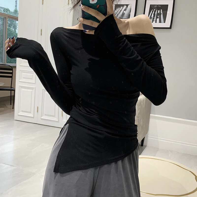 

Женская приталенная футболка с косым воротником, черная или белая футболка с косым воротником и длинным рукавом, весна-осень 2022