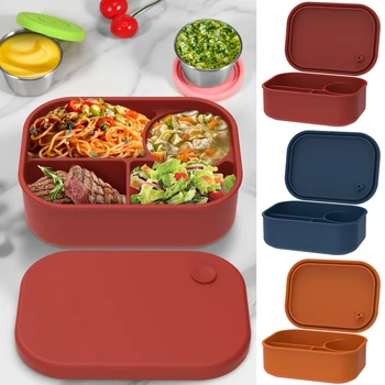 Silicone Bento Box 500ml Portable Food Storage Container Leakproof Travel Meal Box with 4 Compartment Microwave Safe for Home 1