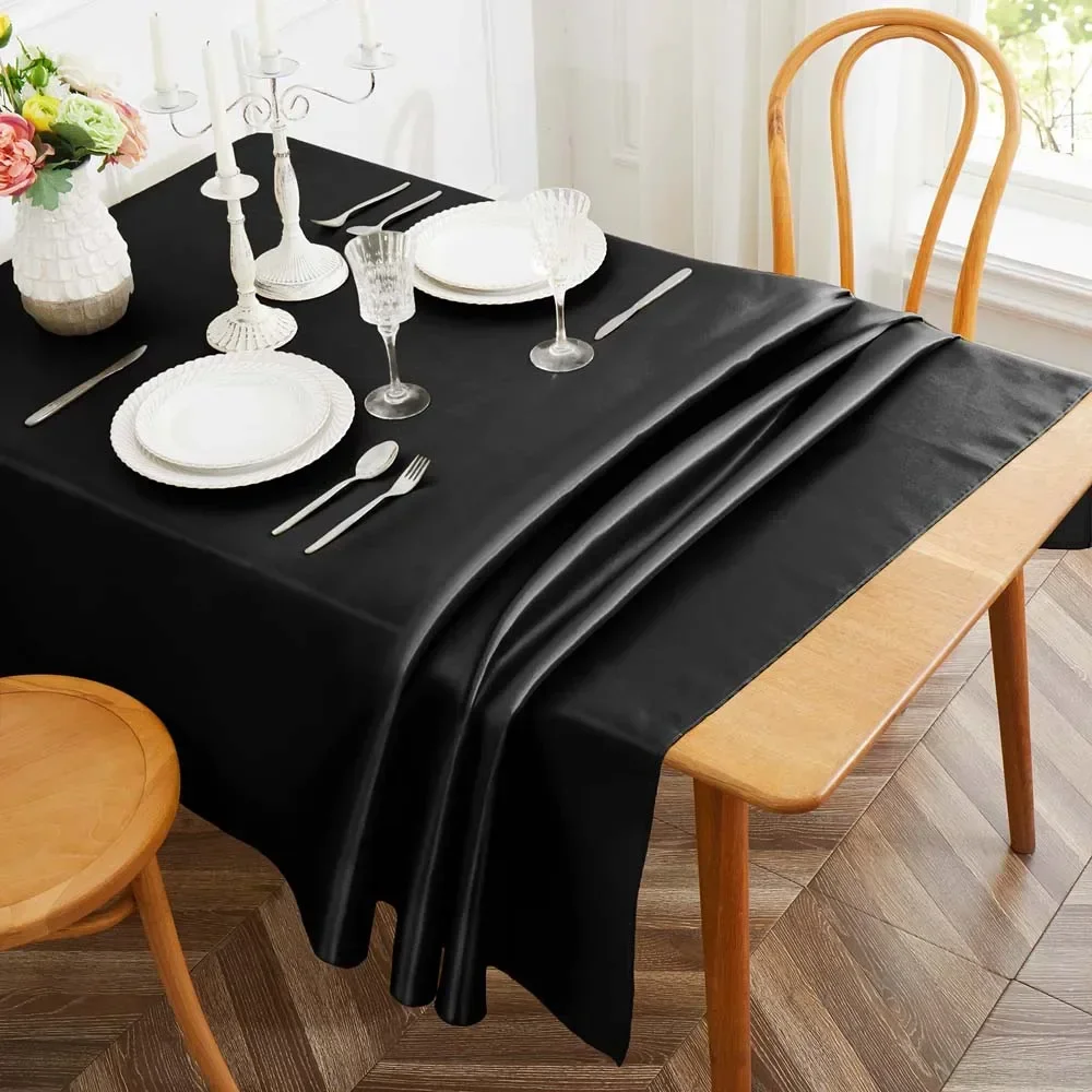 Table Cloth Rectangular Tablecloth Black Satin Tablecloth Rectangular Table Overlay Cover Tablecloth Smooth Fabric Table Decor Wedding Banquet Decoration