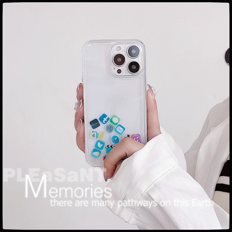 Custodia Trasparente Glitter Moving Sand Per Iphone 15 14 Pro Max 11 13 12 Mini Cover Gloss Sabbie Mobili App Icone Coque Hard Shell Nuovo