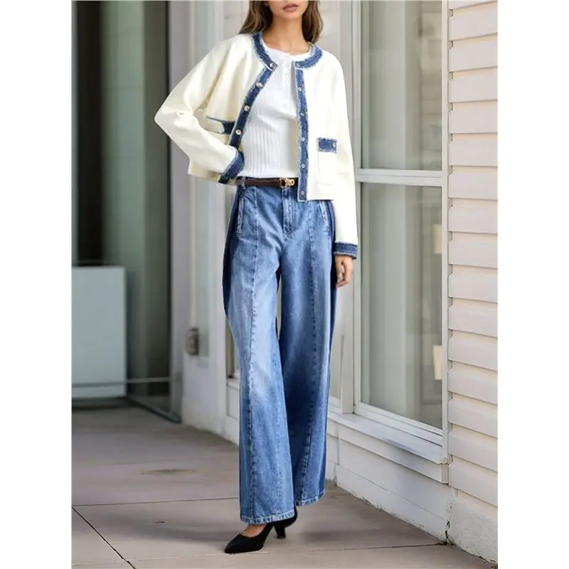 여성용 패치워크 데님 포켓 가디건 가을 겨울 아우터웨어 긴 소매 버튼 다운 두꺼운 니트 스웨터 코트