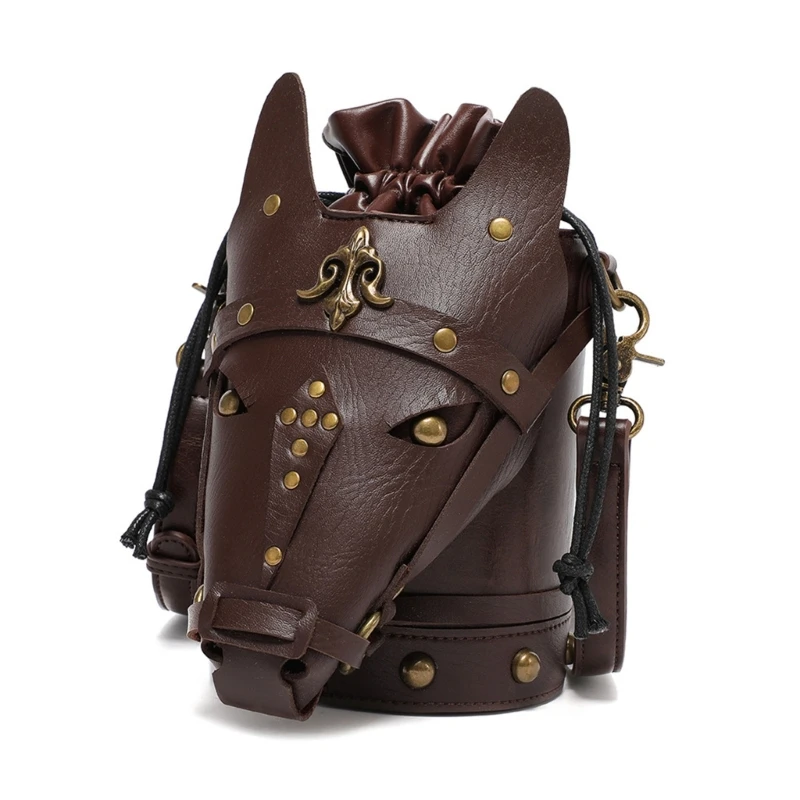 

Medieval PU Leather Crossbody Bag Versatiles Vintage Horse Head Bucket Bag Drawstring for LARP and