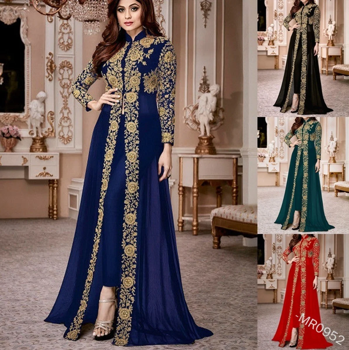 

Elegant Stand Collar Women Dress Muslim Abaya 2 Piece Floral Full Sleeve Big Swing A Line Party Medieval Long Dress Ramadan Dres