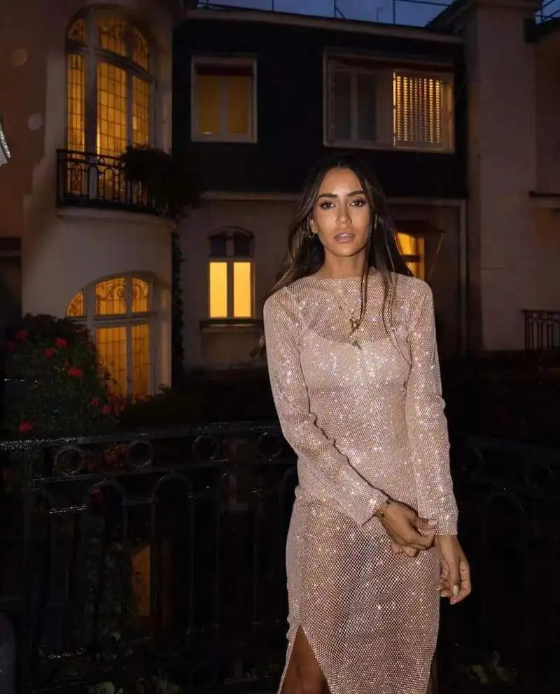 Sexy See Though Shiny Silk Dress Pink High Waist Slit Slim Fit Long Party Dresses Fashion Solid Sequins Elegant Dress for Women