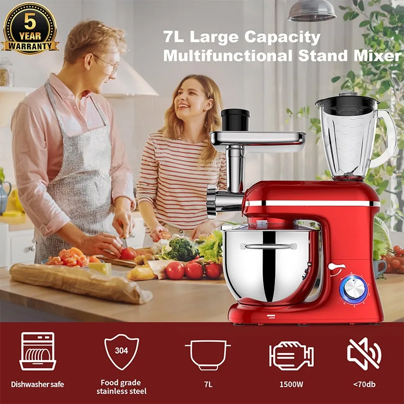 9 IN 1 1500W Tilt-Head Multifunctional Electric Mixer 7.5 QT Stainless Steel Bowl 1.5L Glass Jar, Meat Grinder,Juicer,Egg Beater 5