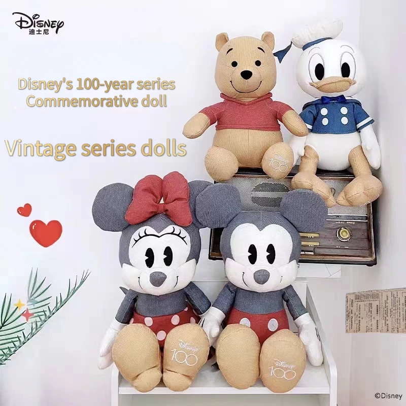 22/30/45CM Disney Centennial Vintage Mickey Minnie Plush Doll Pooh Bear Retro Edition Children's Plush Pillow Toy Holiday Gift