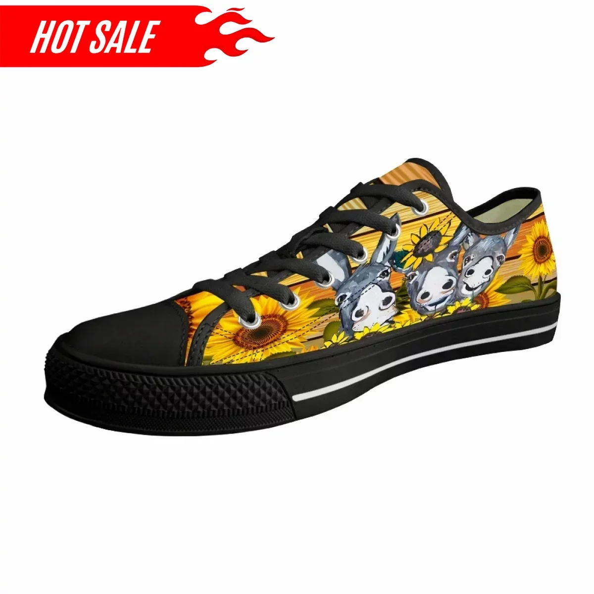 Fashion Hot Farm Donkey Sunflower Pattern Print Women's Casual Flat Shoes Classic Canvas Shoes Outdoor Sports Low Top Sneakers