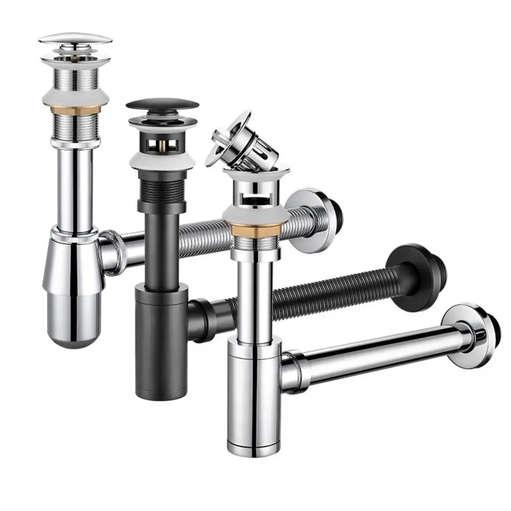 Without overflow Round P-Trap Waste Pipe Kit Solid Copper Adjustable Height Siphon Drainer Plumbing Tube Removable drainage pipe set