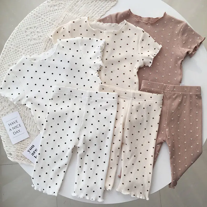 

Baby Pajamas Summer Thin Dot Fashionable Girls Summer Loungewear Two Piece Suit Preschool Air Conditioning 1 to 6Y
