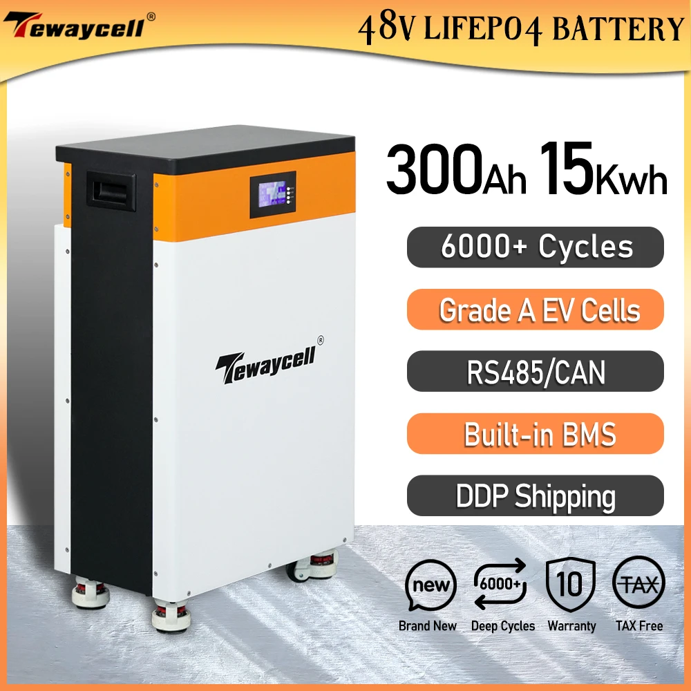 Tewaycell 48V 51.2V 300Ah 15KWh Lifepo4 Battery Pack Powerwall 310Ah Built-in BMS ESS Home Energy Solar Storage System NO TAX