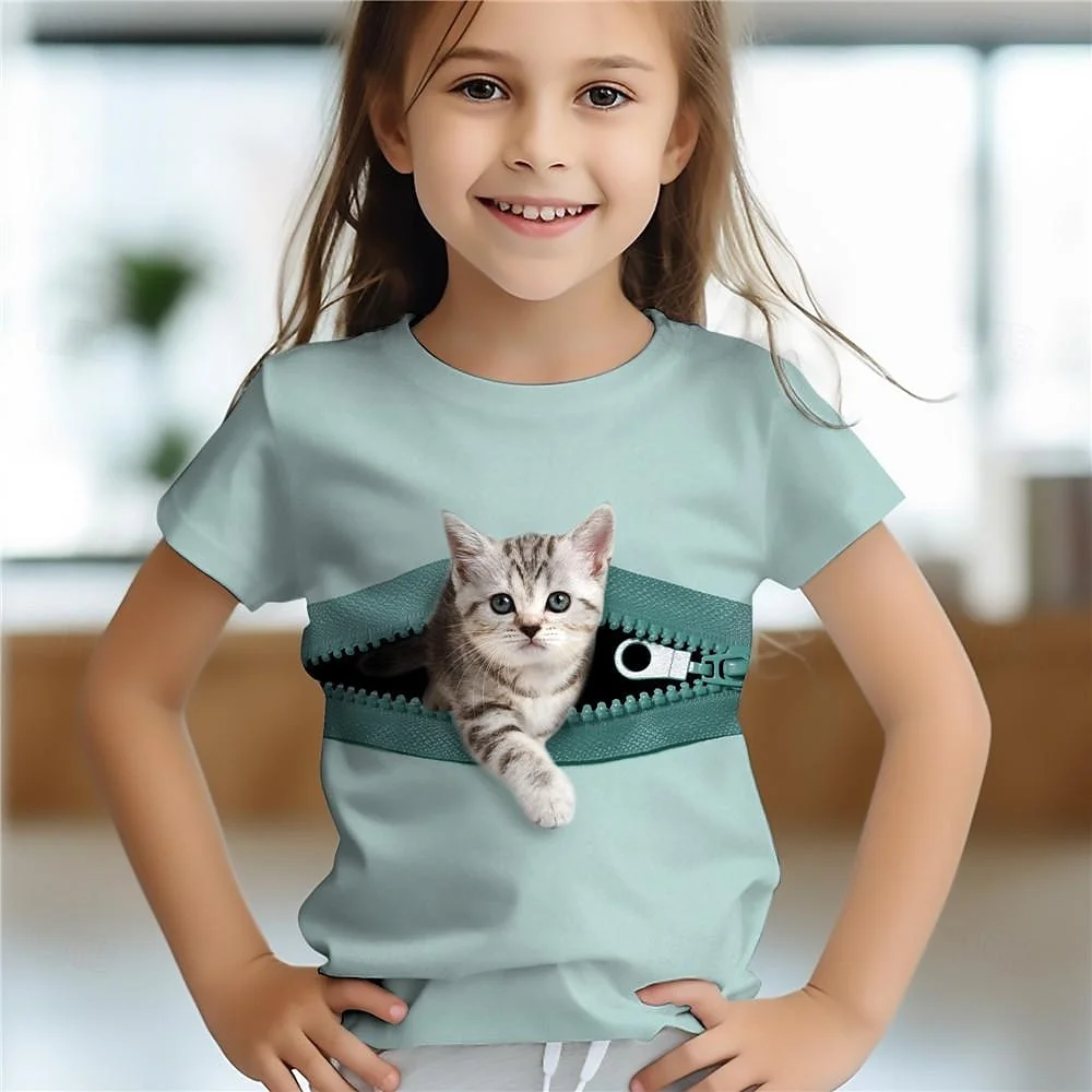 Kids T Shirt 3d Printed Fun Children's Cat Animal Baby Girl Summer Short Sleeve