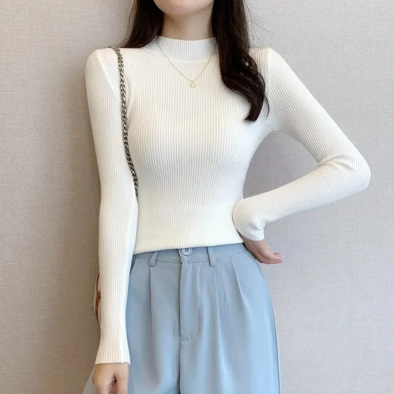 Fall Autumn and Winter New Lady's Semi-turtleneck Solid Color Long-sleeved Sweater Elegant Knitwear Slim-fitting Bottoming Shirt