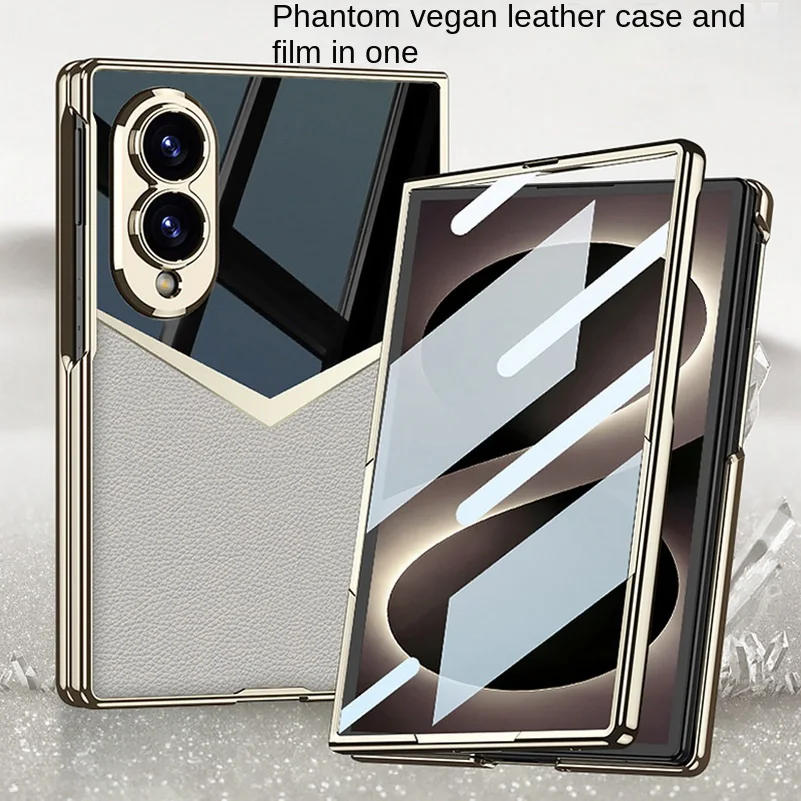 Elegant Leather Plated Frame Color Block Case with Front Glass Protective Film Cover