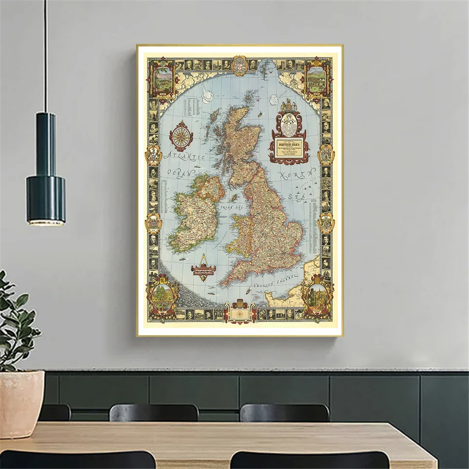 A2 Size Vintage Kingdom of Great Britain Map in 1937 Fine Canvas Painting For Living Room Home Wall Decor