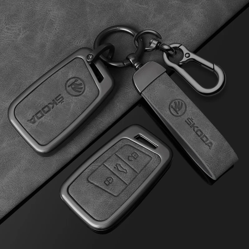 Leather Zinc Alloy Car Smart Remote Key Case key case key case cover car key shell remote control case cover Full Cover Protector Shell Fob For Skoda Kodiaq Superb A7 Auto Keychain Accessories