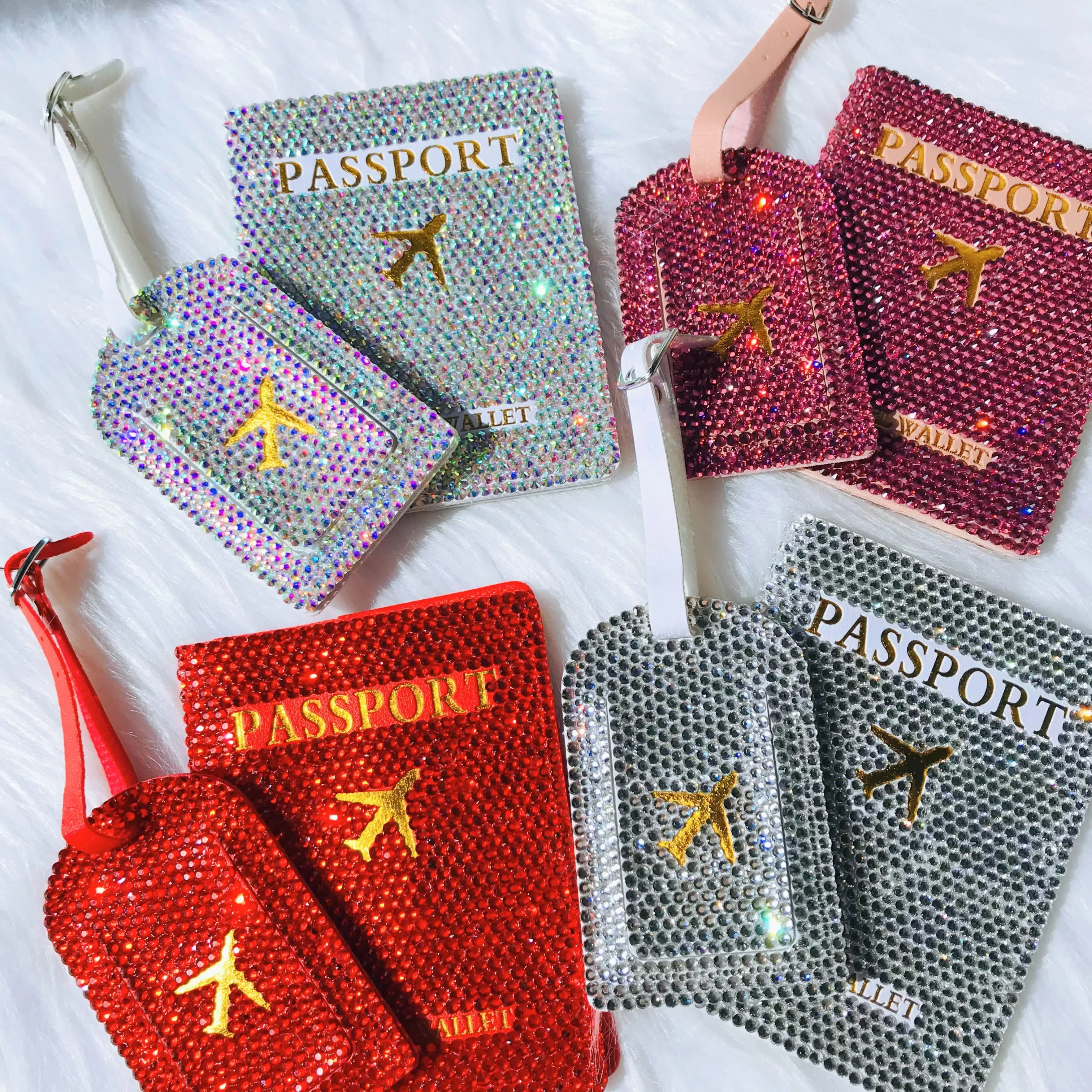 

Bling Passport Holder Women Luggage Tags Set Rhinestone Suitcase Tag PU Leather Passport Wallet Glitter Travel Gifts for Women