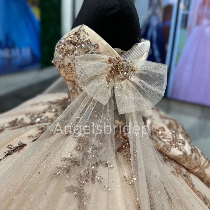 Angelsbridep Champagne Princess Quinceanera Dresses Off Shoulder Ball Gown Sweet 16 Dress Sequined Vestidos De 15 A&ntilde;os