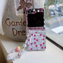 Charming Strawberry Magnetic Transparent Cover with Bead Bracelet - Galaxy Z Flip5 (With strap)