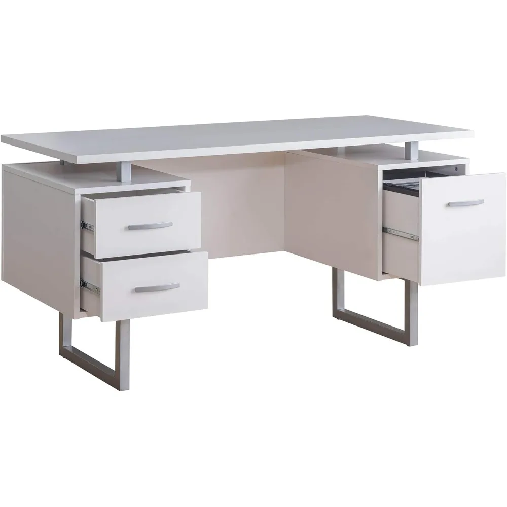 60" White Study Writing Home Office Wall Mounted Laptop Computer Floating Desk Top and Storage Drawers and Metal Stands 4