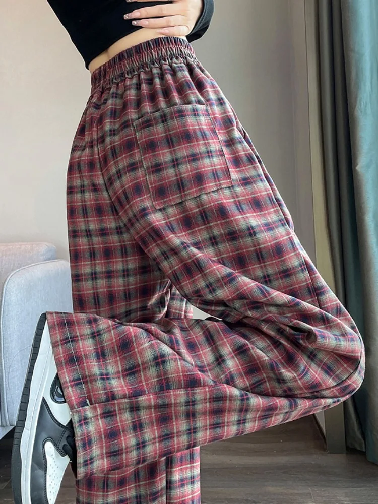 

Thicken Thickeing Plaid Pant Vintage Women Wide Leg Pantalones Winter Warm Straight Trousers Pockets High Waist Plush F160