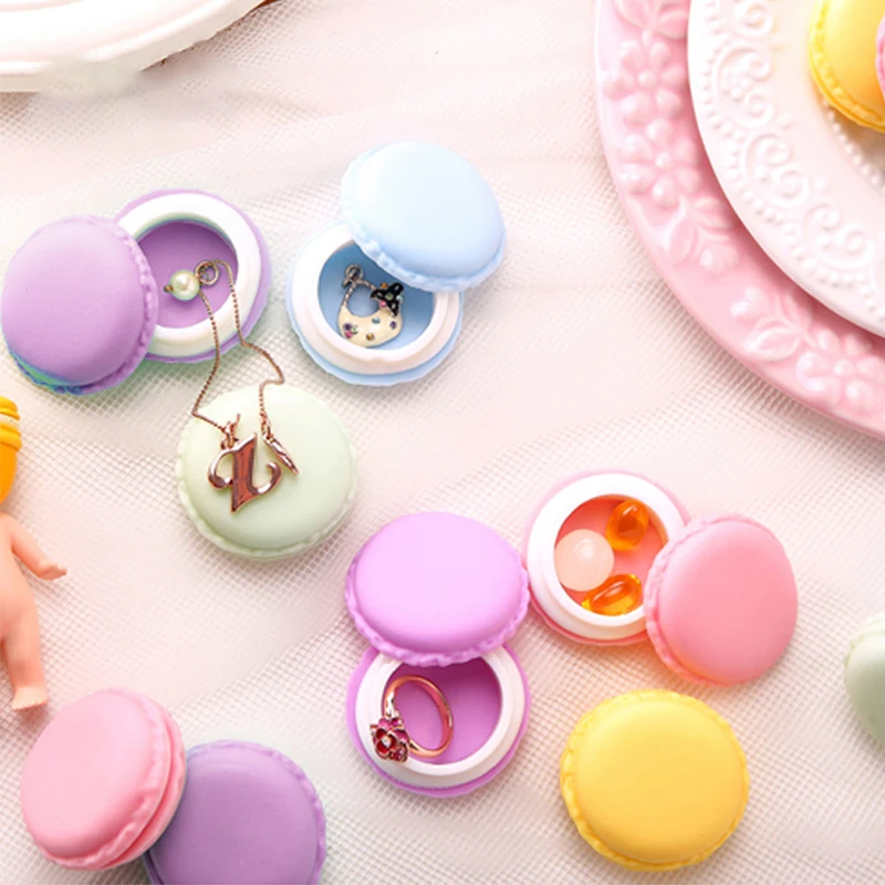 

Jewelry Macaron Case Round Mini Earrings Ring Necklace Storage Box Case Carrying Pills Home Accessory Organize Box Case
