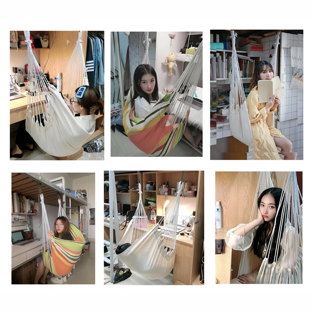 HooRu Hammock Swing Chair Outdoor Portable Folding Hanging Rope with Pillow Cotton for Picnic Garden Bedroom