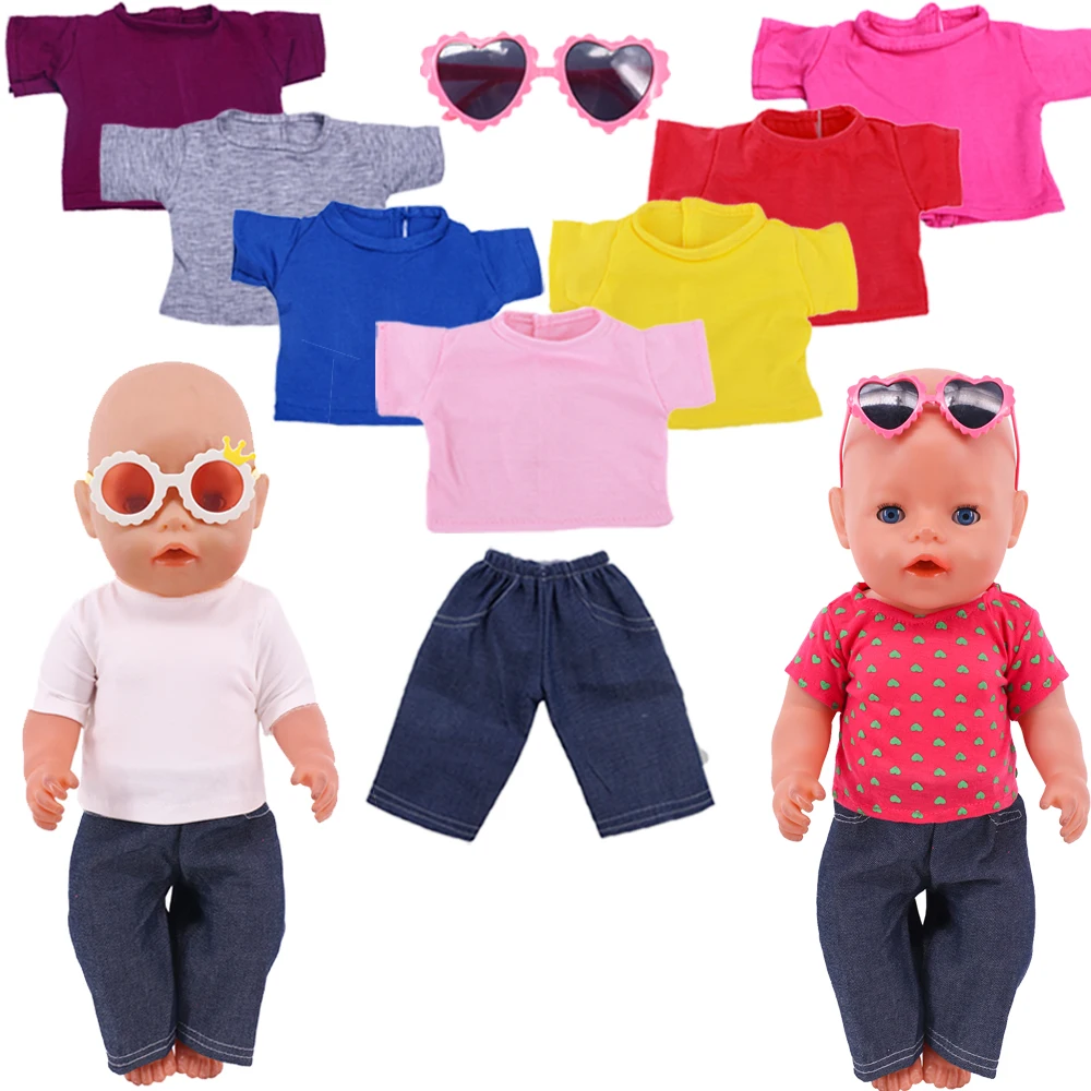Doll Baby Clothes T-Shirt +Jeans+ Glasses Suitbal For 18inch American &43cm Reborn Baby Casual Outfit Russia DIY Gifts OG Toy 18inch american doll girl 43cm born baby 12pcs set coat hange shoes glasses print clothes suitcase accessory our generation gift