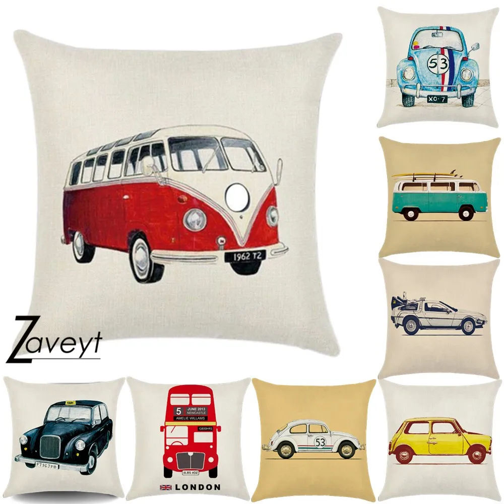 

40x40cm 45x45cm 50x50cm 60x60cm Linen Throw Pillowcase Decorative Linen Cushion Cover Cartoon Vintage Car Pillow Case Square