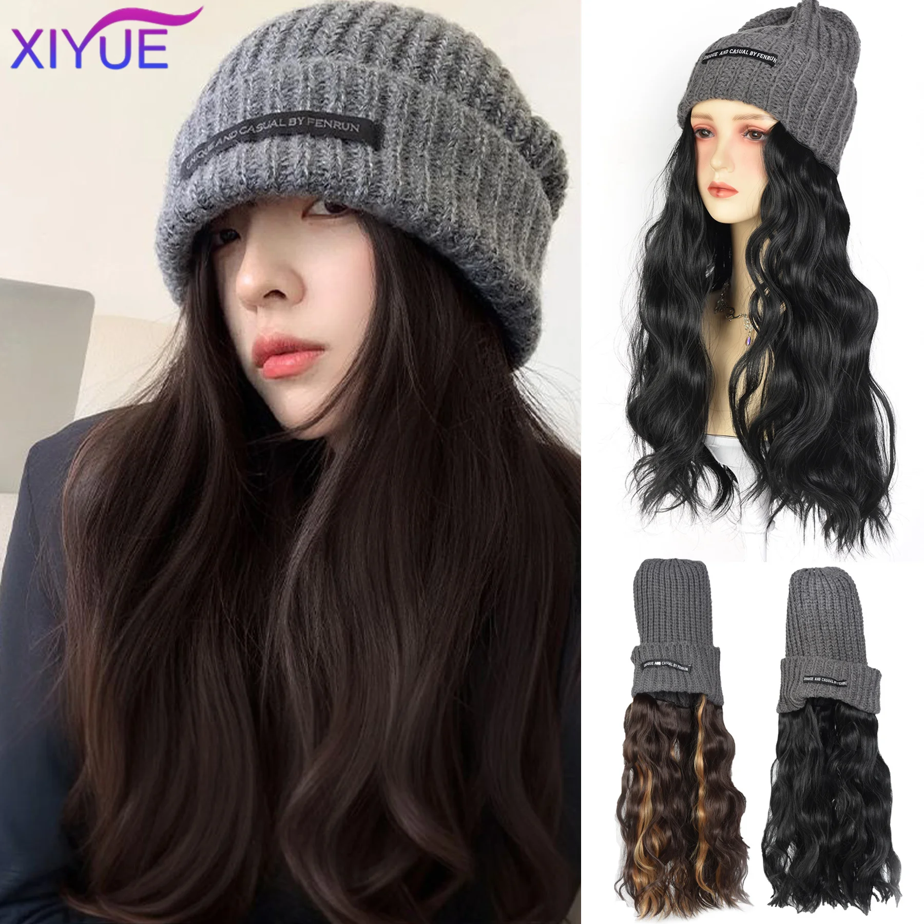 Blonde Unicorn Hat wigs Cap with Hair Hat Wig Brown Body Wavy Wig Connect Synthetic Hair Women Daily Party High Temperature