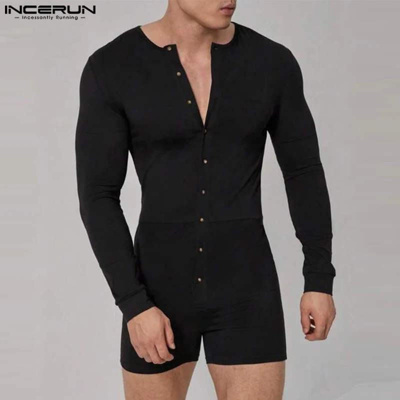 Men Bodysuits INCERUN Solid Color Skinny O-neck Long Sleeve Button Casual Leisure Playsuits Pajamas