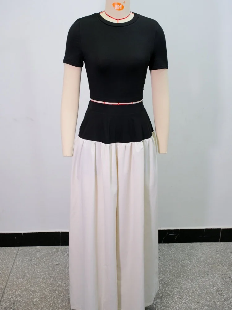 Wmstar Two Piece Set Women Wholesale Stock 2025 Summer New Fitted Short Top Wide Leg Contrasting Color Long Pants Fancy Club