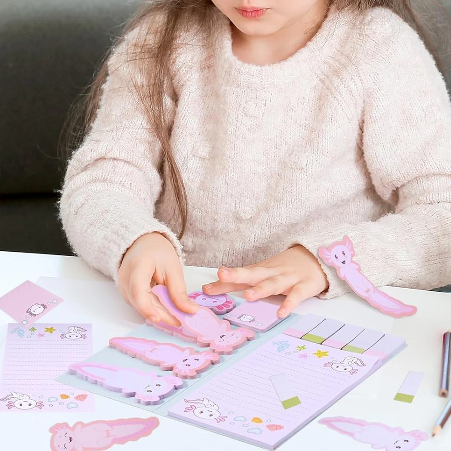 1 set Axolotl Sticky Notes, Cute Cartoon Pink Memo Set, Girl's Party Favor, School Supplies for Students 6