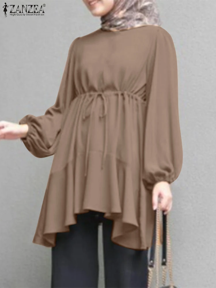 

Casual Solid Work Blouse Eid Mubarek Ramadan ZANZEA Fashion Women Long Sleeve Muslim Shirt Vintage Autumn Lace Up Tops Blusas
