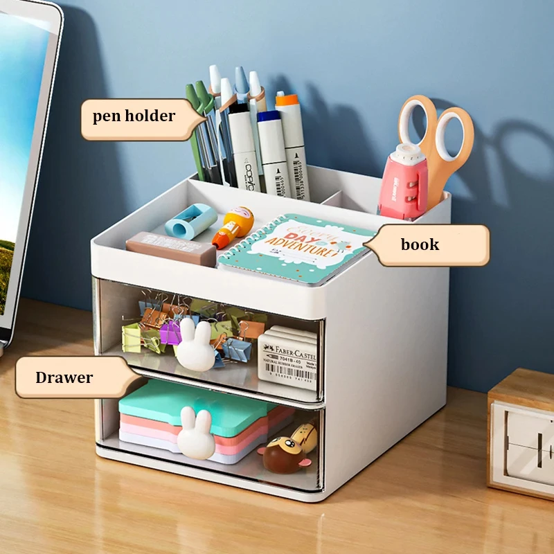 Small Desk Organizer With Drawer, Office Desktop Storage Box, Makeup Organizer, Business Card/Pen/Pencil/Mobile Phone/Stationery 2