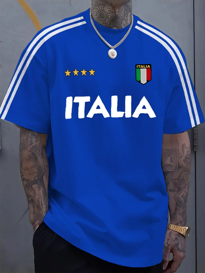 Mens Casual 3D Letter I-ITALLA Print T-Shirt Man Short Sleeve Sportwear Football T-Shirt Vintage Oversize Striped Tees Clothes