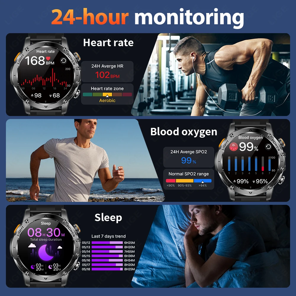 LIGE Military 1000mAh AMOLED Smart Watch Men Health Monitor Waterproof Sports Fitness Watches BT Call Smartwatch for Android iOS