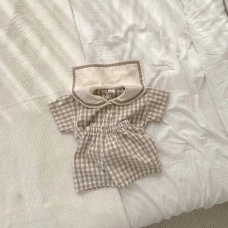New Summer Baby Navy Collar Plaid Clothes Set Children Short Sleeve Tops + Shorts 2pcs Suit For Boys Girls Infant Outfits kids clothes set,two piece set,baby girl clothing set,shorts suit