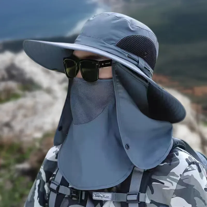 Sun Hat Men&rsquo;s Summer Large Brim Mountaineering Fishing Outdoor Sun Protection Removable Mask