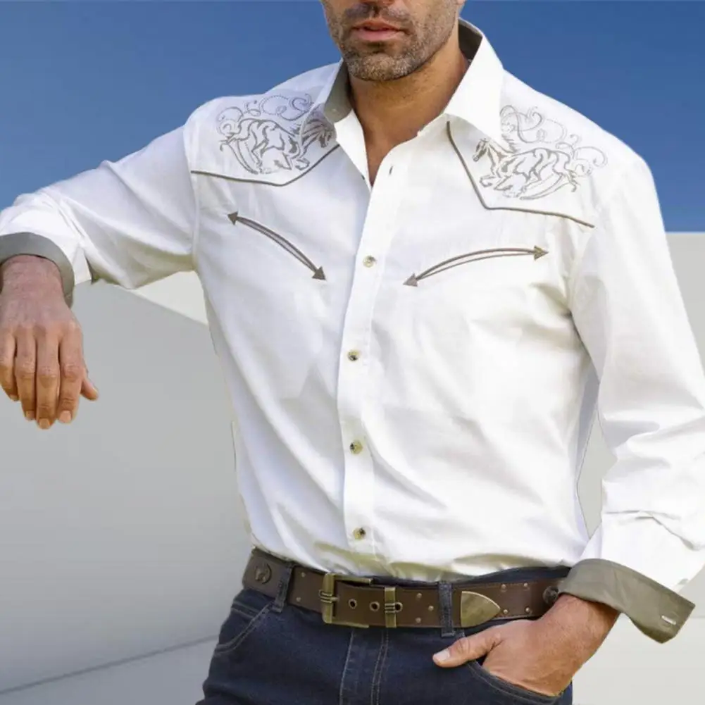 

Мужская приталенная рубашка с длинным рукавом, винтажный кардиган с ковбойским принтом, Повседневная рубашка с отложным воротником