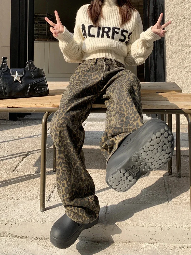 Y2K Retro Leopard Pattern High Waist Slim Straight Barrel Women Jeans Classic Casual Fashion Autumn Korean Street Women's Jeans