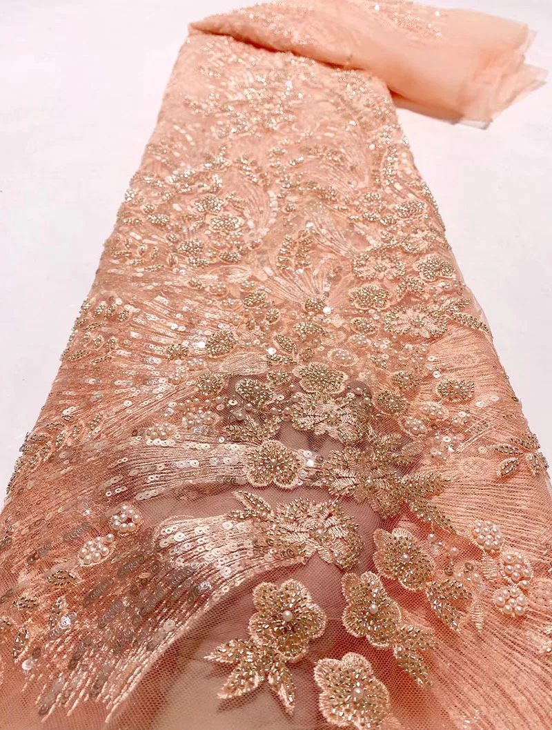 

Popular High-end African Pure handmade heavy Beaded Lace Fabric Embroidery French Sequins Lace Fabric For Wedding Party Dress