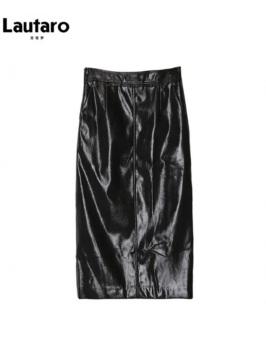 Lautaro Spring Autumn Shiny Reflective Patent Pu Leather Midi Pencil Skirt Women High Waist Long Luxury Designer Clothes 2023
