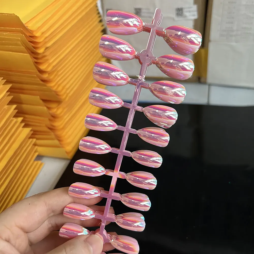 

5*24Pcs Pink Aurora Magic Mirror Effect Wearable Fake Nails Press On Nails Full Cover Artificial Acrylic Finished Nail Patches