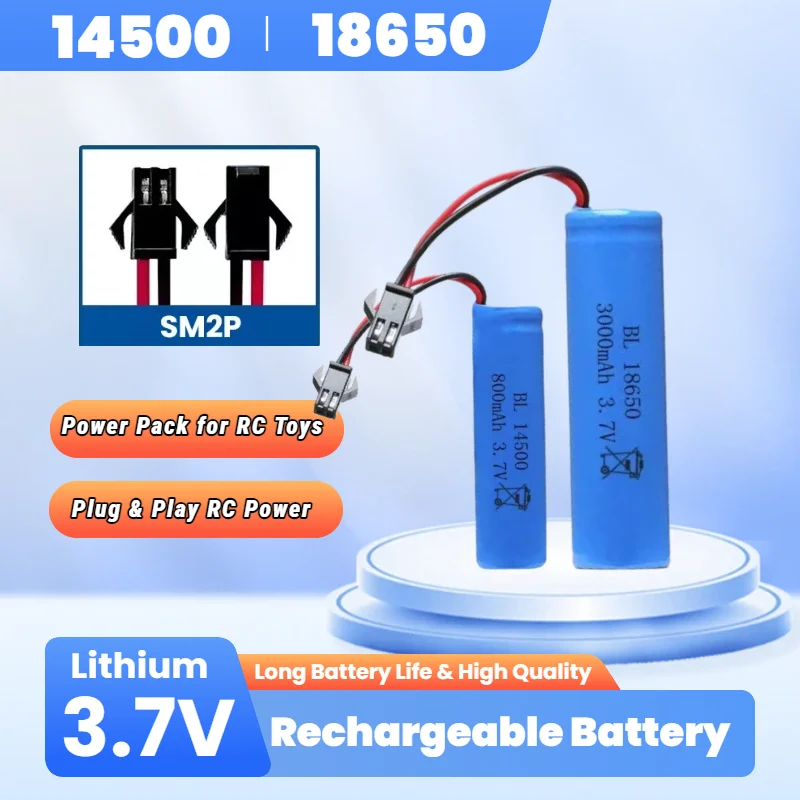 Batteries rechargeables 18650 3.7V pour RC, emballage d'origine montrant les spécifications techniques.
