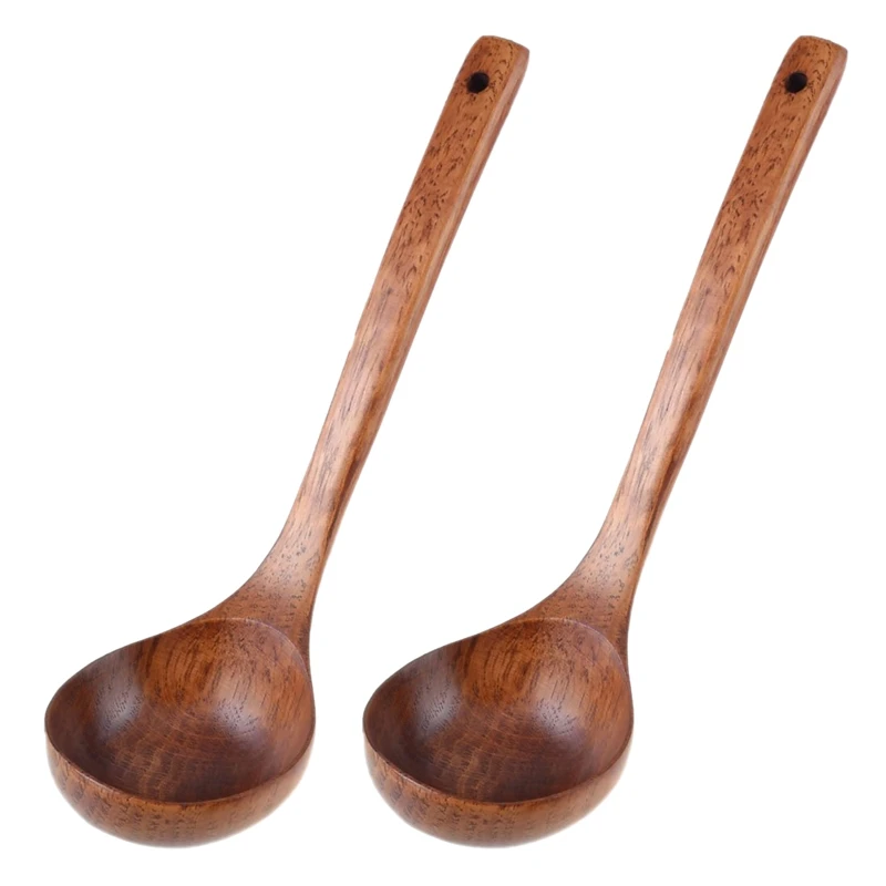

2X Kitchen Cooking Straight Handle Wooden Wood Soup Scoop Spoon Ladle Brown 11 Inch Long