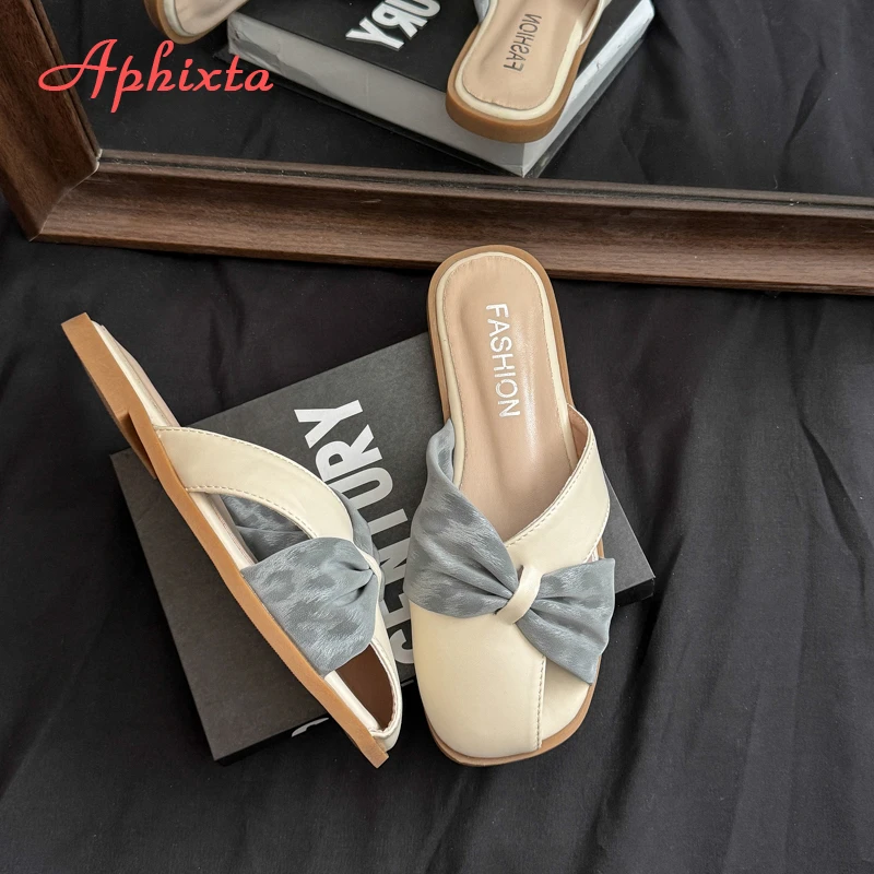 Aphixta Women Flat With Slides Sweet Bow Dec Slip On Outside Slippers for Women Summer Beach 2025 Trend Shoes Sandalias De Mujer